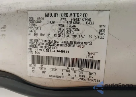 2010 Ford Explorer Sport Trac Xlt from USA, damaged, VIN 1FMEU5BE0AUA49611